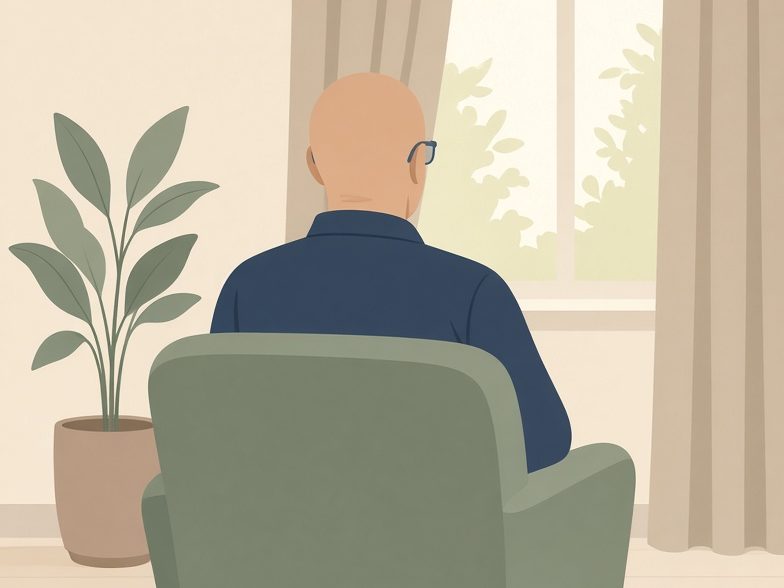 Illustration de Renaud vu de dos, assis dans un fauteuil face à une fenêtre, dans un salon paisible