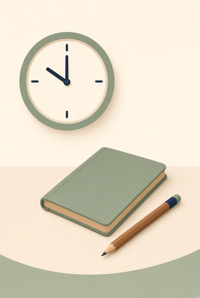 Illustration d'une horloge murale, d'un carnet et d'un crayon