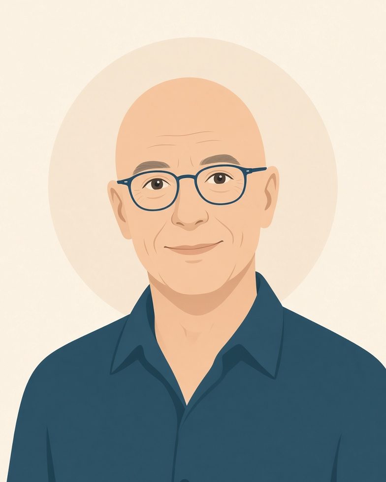 Portrait illustré de Renaud, souriant, avec des lunettes bleues et une chemise bleu nuit (illustration, non photographique)